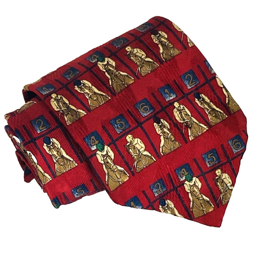 Ferrell Reed Vtg Tie Horse Racing Jockey Red Italian Silk Kentucky Derby USA Y2K